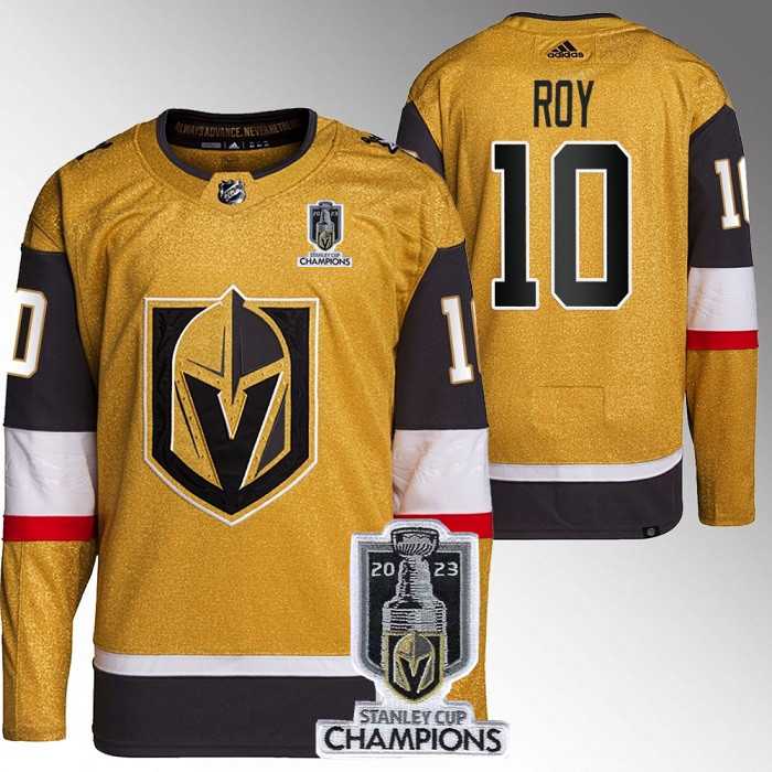 Mens Vegas Golden Knights #10 Nicolas Roy Gold 2023 Stanley Cup Champions Stitched Jersey